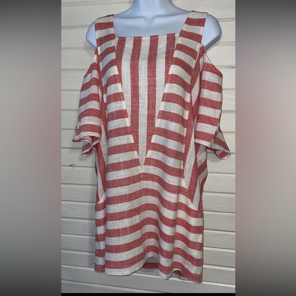 Soft Surroundings  Linen Red Striped Sunset Tunic Cold Shoulder Top /Dress L - Picture 13 of 14